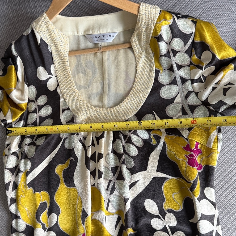 Trina Turk Bonita Silk Dress with Bell Sleeves & Sequin Neckline – Size 4 - Picture 10 of 13